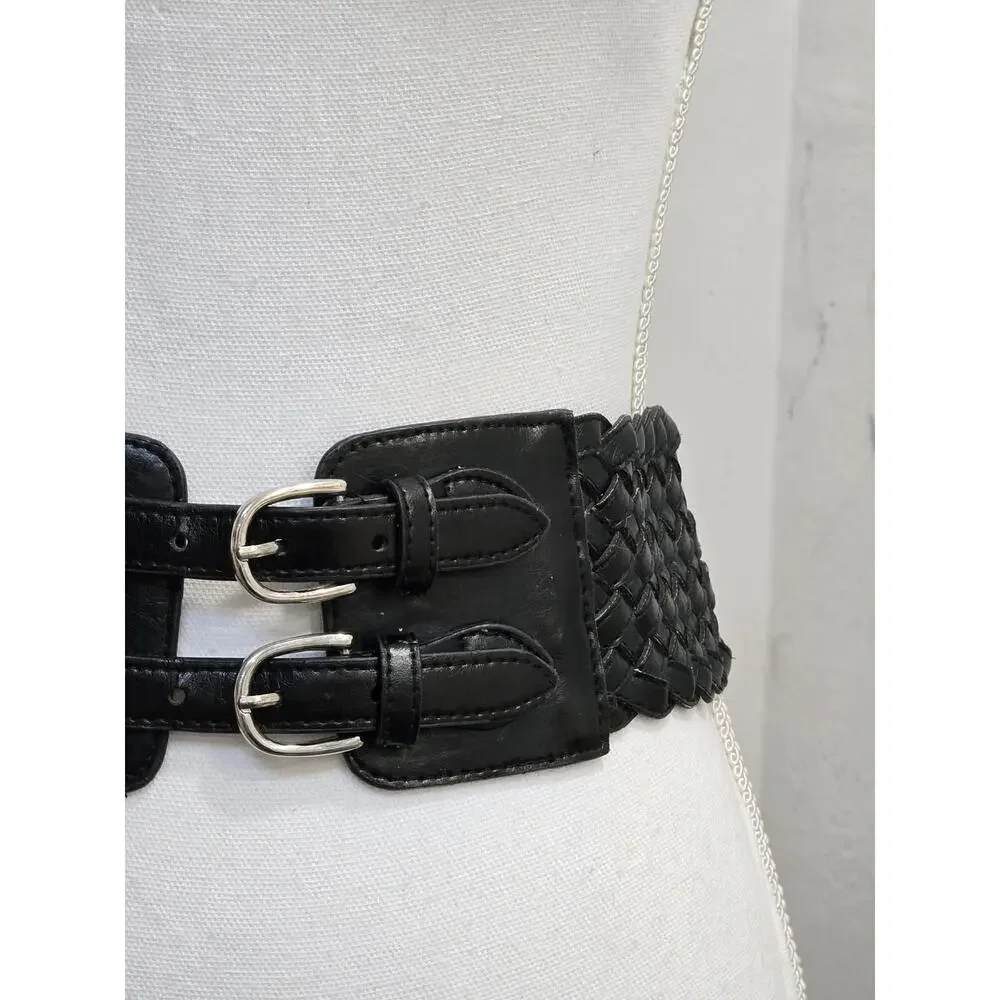 Goth Retro Women's size Small Wide Black Woven Waist Belt Double Buckle Stretch